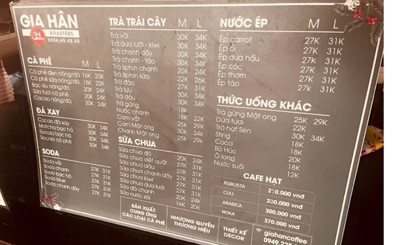 Mẫu một menu đồ uống điển hình